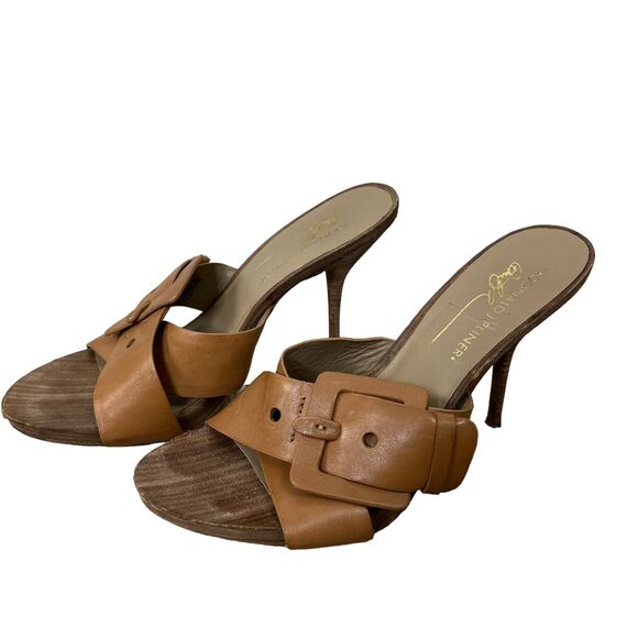 Donald J Pliner Size 8 Open Toe Sandals Elaine Tan Leather Wood Stiletto Heel - Picture 1 of 7